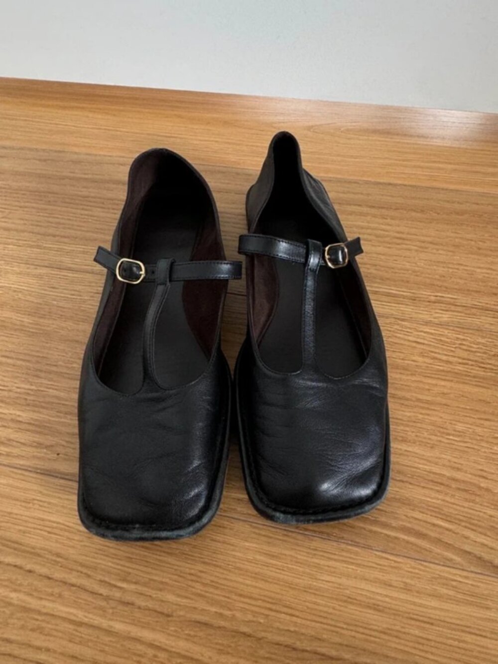 The Row T-Strap Leather Flats Black Size 37
